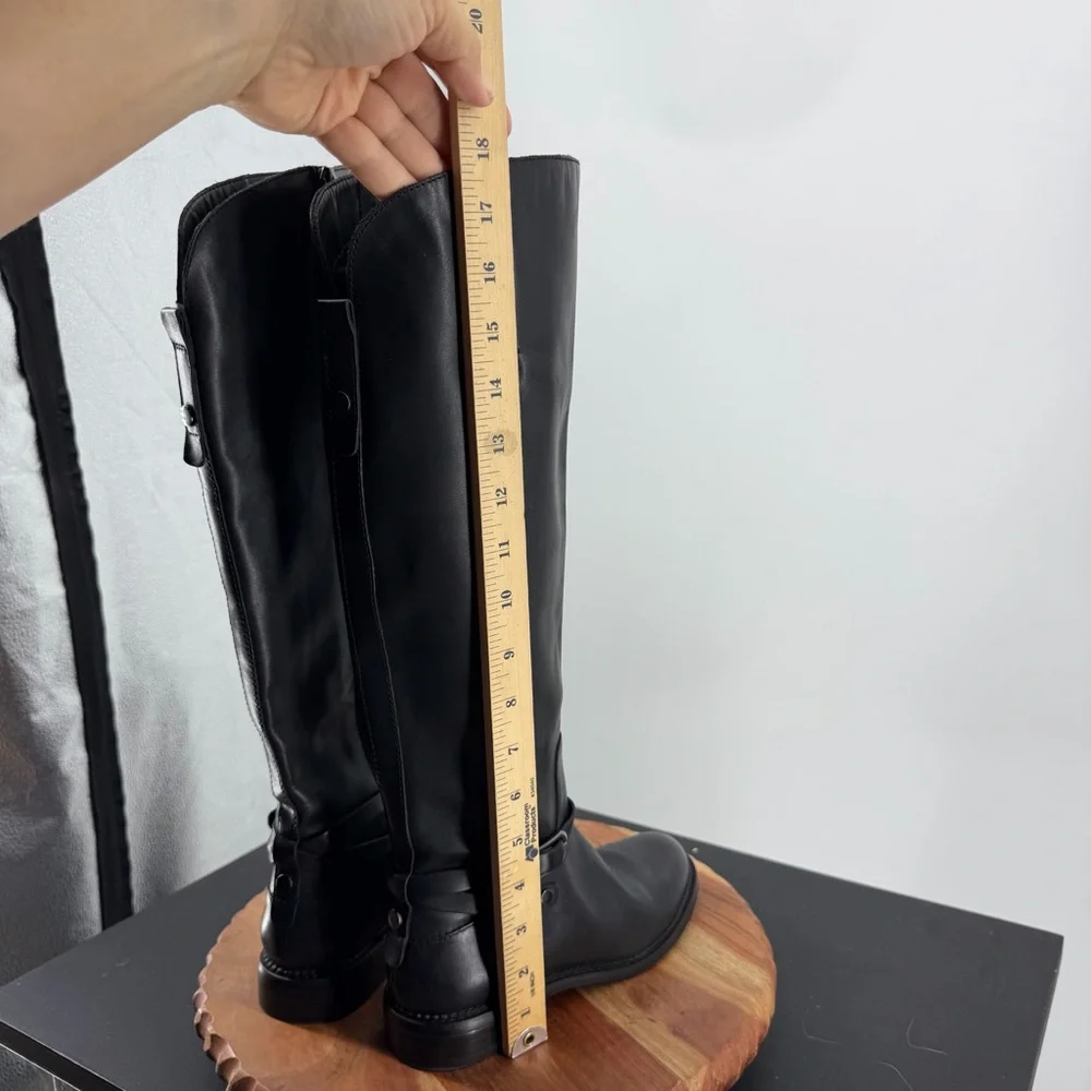 Franco Sarto Hadley Black Leather Tall Riding Boots Equestrian Flat Buckle 6‎